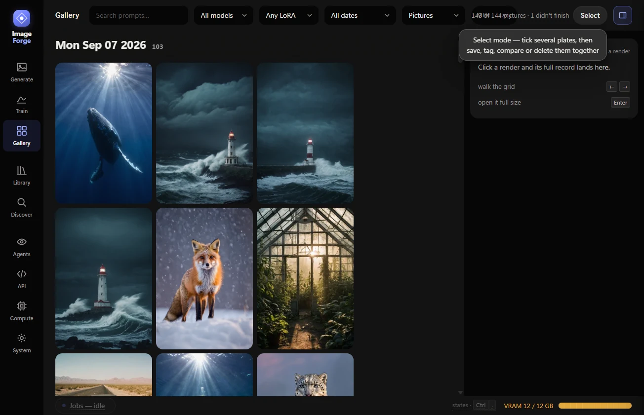 ImageForge Gallery: a searchable grid of generated images