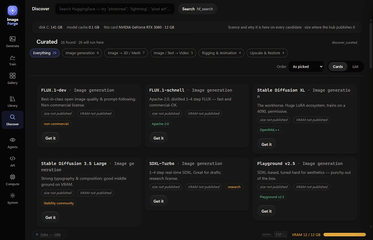 ImageForge Discover: HuggingFace results filtered by what the installed card can run