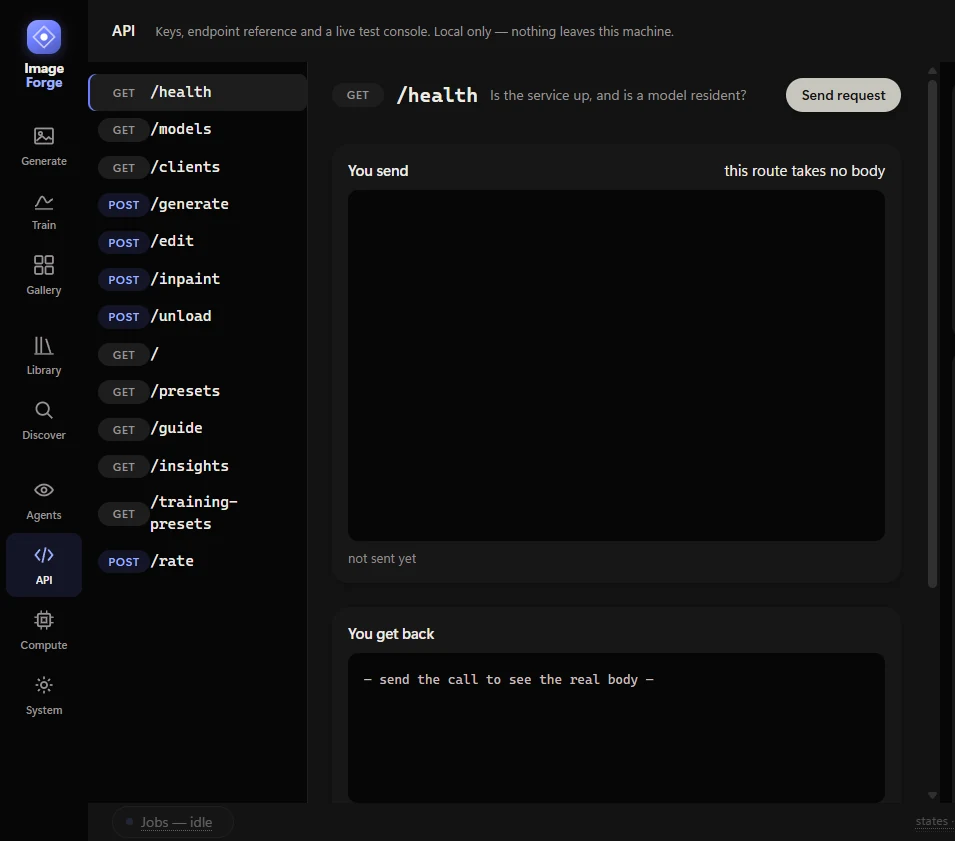 ImageForge API: the route list and the live test console