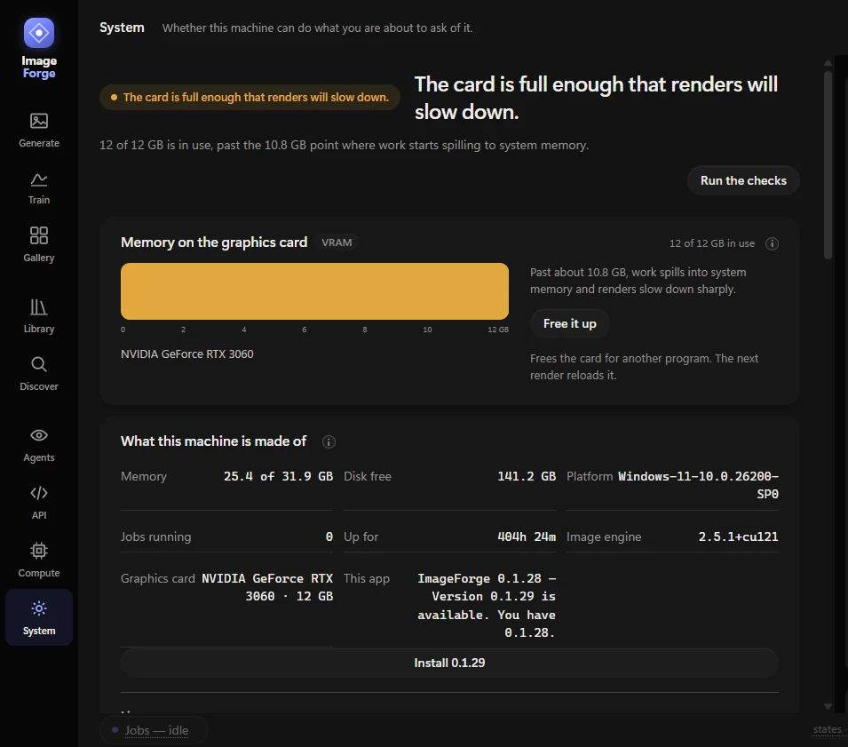 ImageForge System: a VRAM warning explaining why renders will slow down
