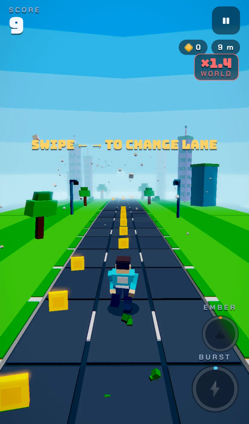 Voxel Runner in daylight: a runner on a city road, with the tutorial prompt Swipe to change lane