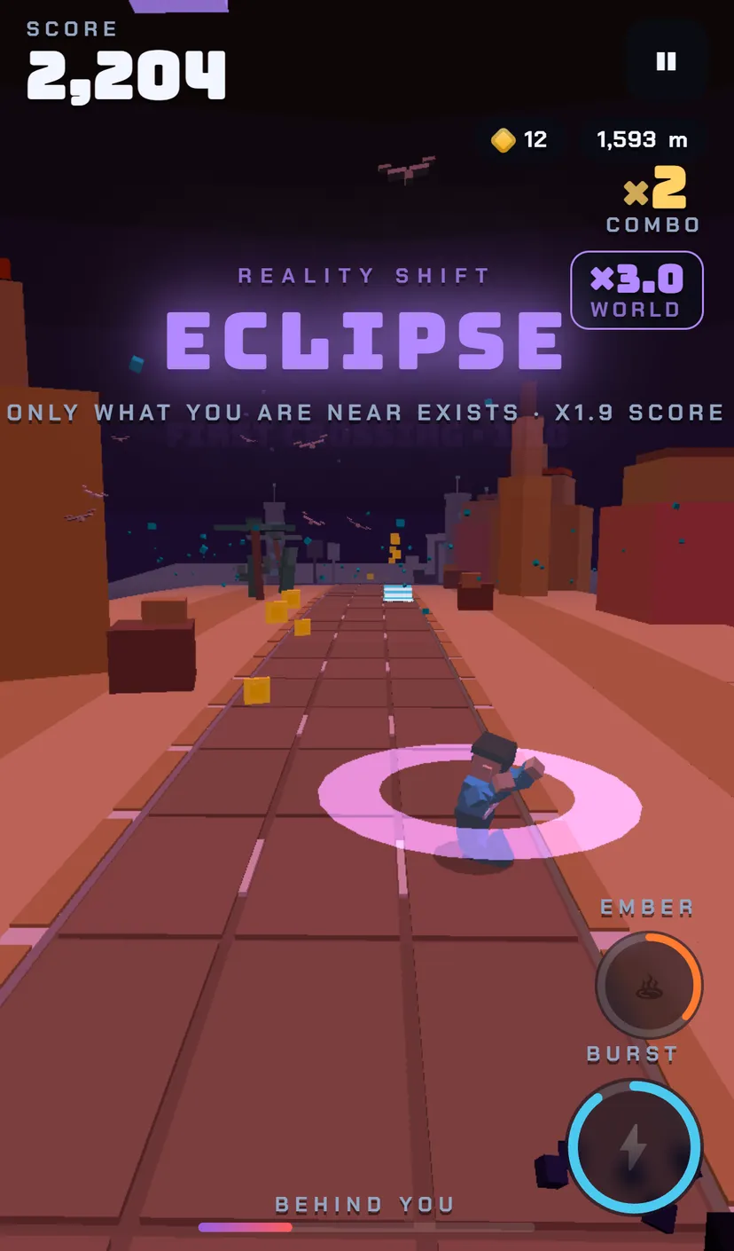 Voxel Runner: the ECLIPSE rift, where only what you are near exists, for ×1.9 score