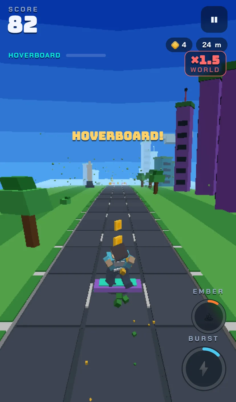 The runner on a purple hoverboard with the banner Hoverboard!