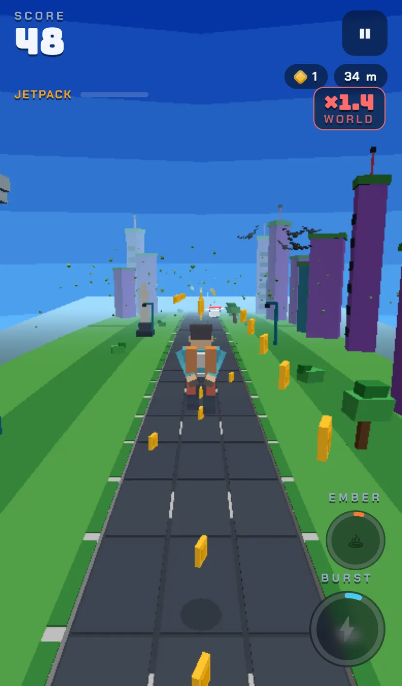 The runner flying above the road on a jetpack, its timer bar at the top