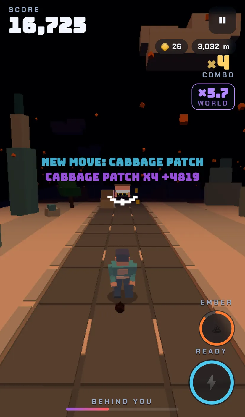 The runner mid-trick at night, with the banner New move: Cabbage Patch ×4