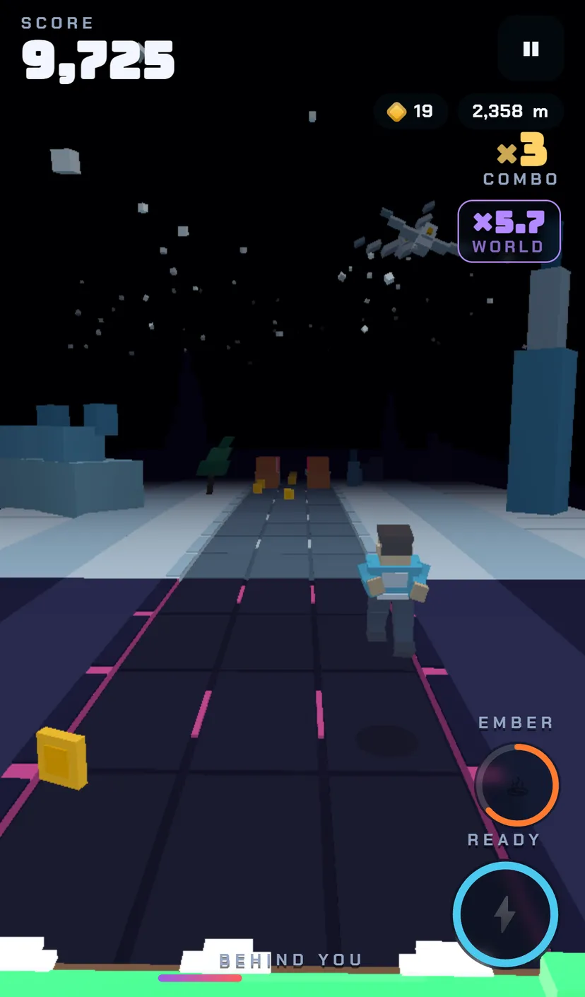 A night road on pale ground with pink lane lines and a drone in the sky