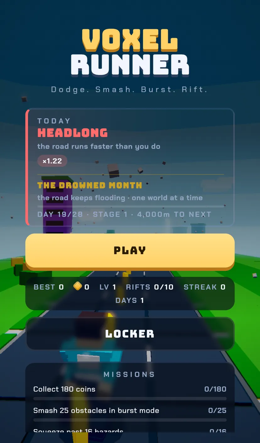 Voxel Runner’s title card: today’s world, the season, and the Play button
