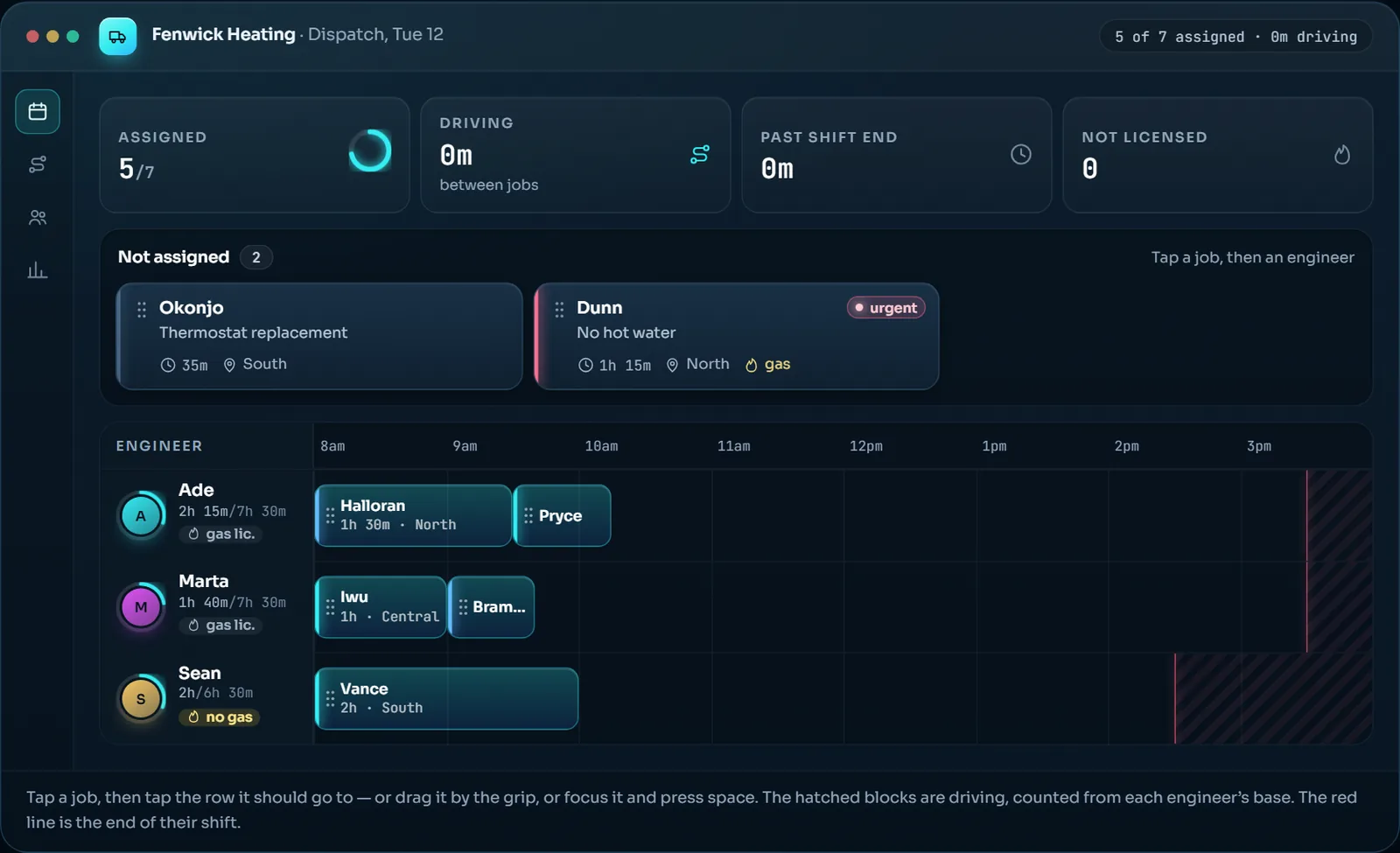 The dispatch board prototype from this page, with seven jobs assigned across three engineers